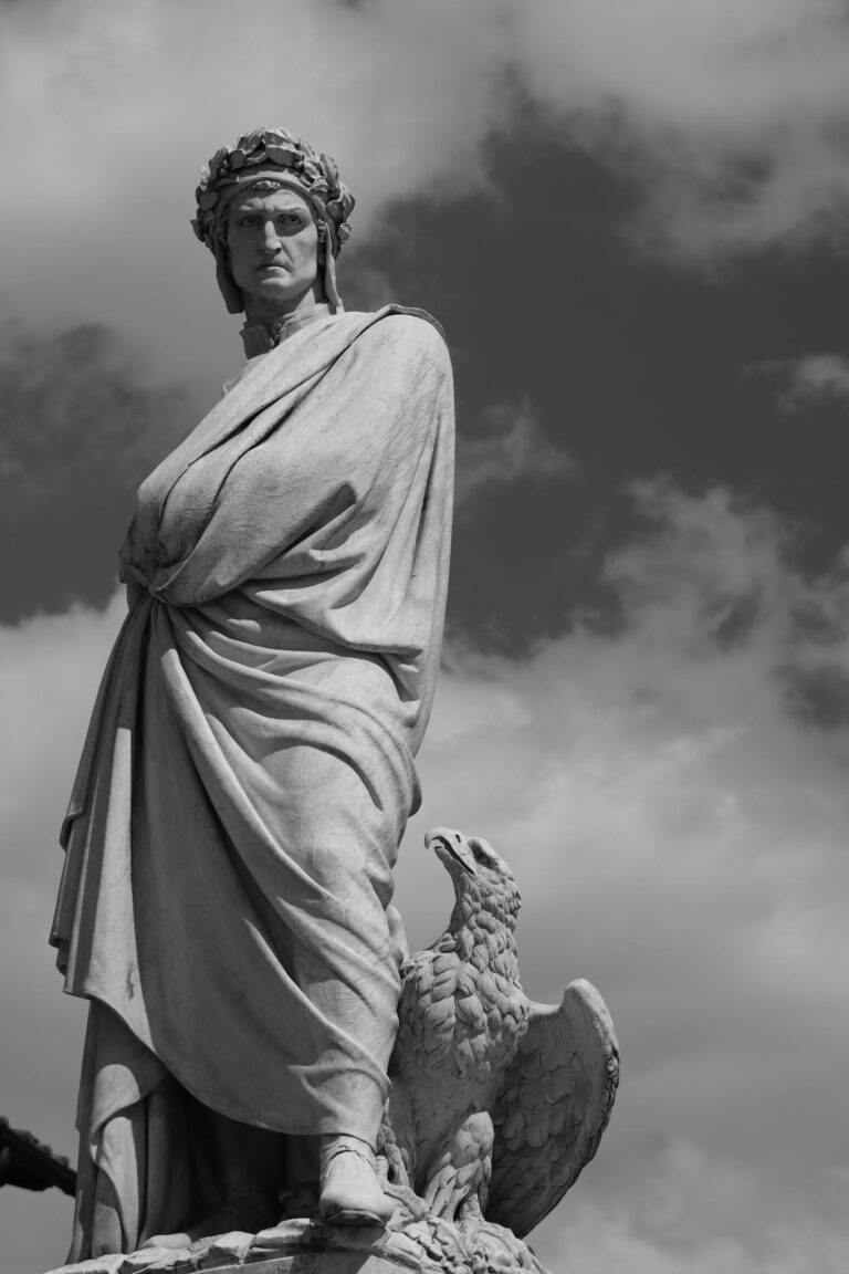 Grayscale Photo of the Statue of Dante Allighieri in Florence, Tuscany, Italy